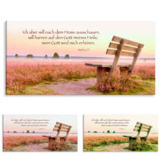 Bild auf Künstlerleinwand „Mein Gott wird mich erhören“ (Bank in der Landschaft – Halbformat)