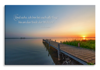 Bild auf Künstlerleinwand „Ich bin bei euch“ (Steg am Meer – Sonnenaufgang)