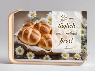 Holz-Acrylaufsteller „Täglich Brot“ (Brötchen im Korb)