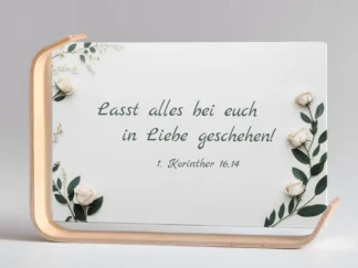 Holz-Acrylaufsteller „Alles in Liebe“ (weiße Rosen)