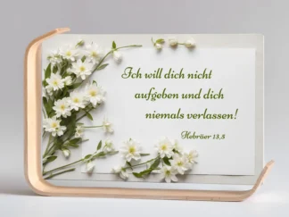 Holz-Acrylaufsteller „Gott will nicht aufgeben“ (weiße Blumen)