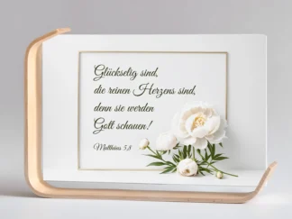 Holz-Acrylaufsteller „Reines Herzens“ (Pfingstrosen im Rahmen)