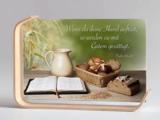 Holz-Acrylaufsteller „Mit Gutem gesätigt“ (Bibel – Brot)