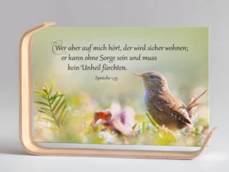 Holz-Acrylaufsteller „Sicher wohnen“ (Zaunkönig)