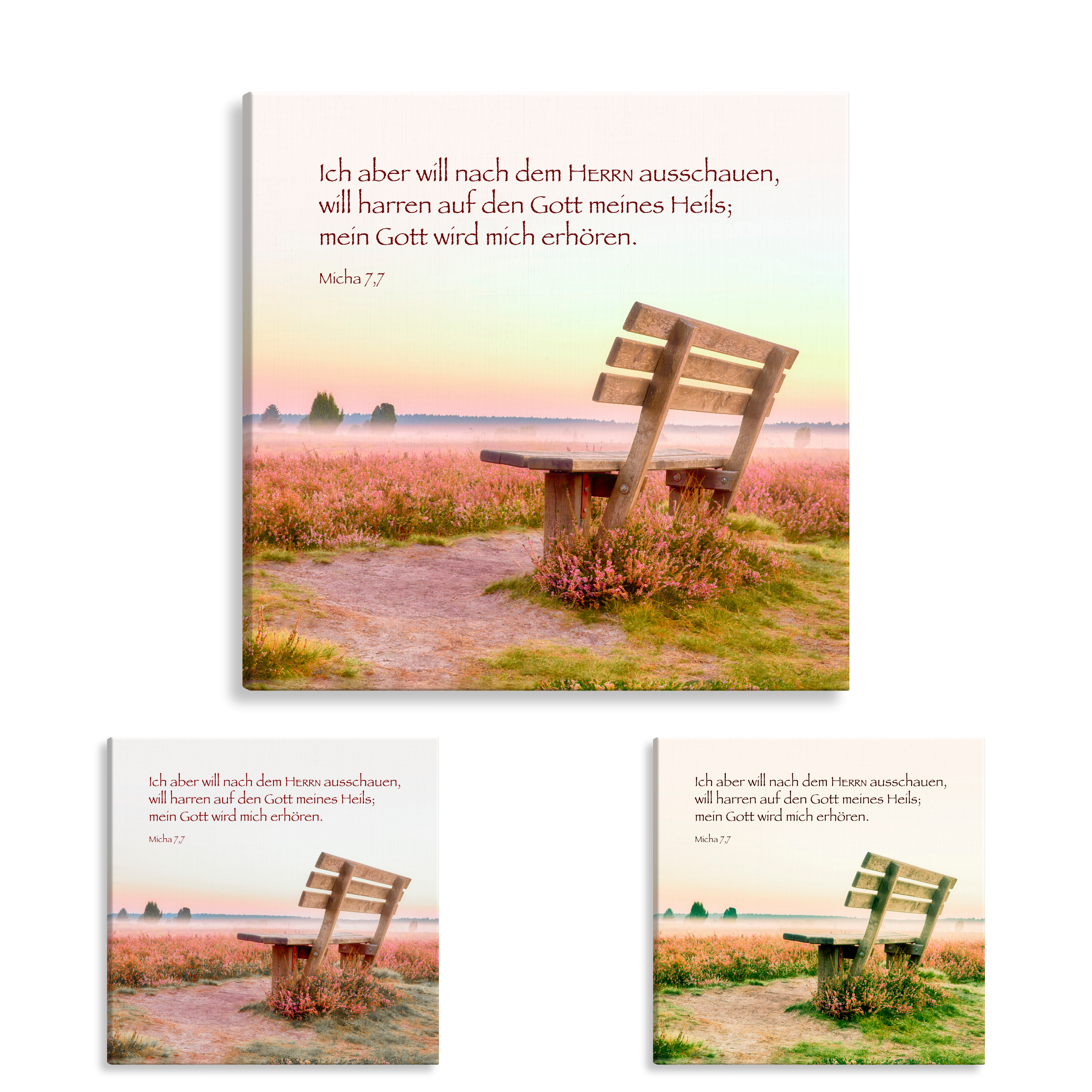 Bild auf Künstlerleinwand „Mein Gott wird mich erhören“ (Bank in der Landschaft – Quadrat)