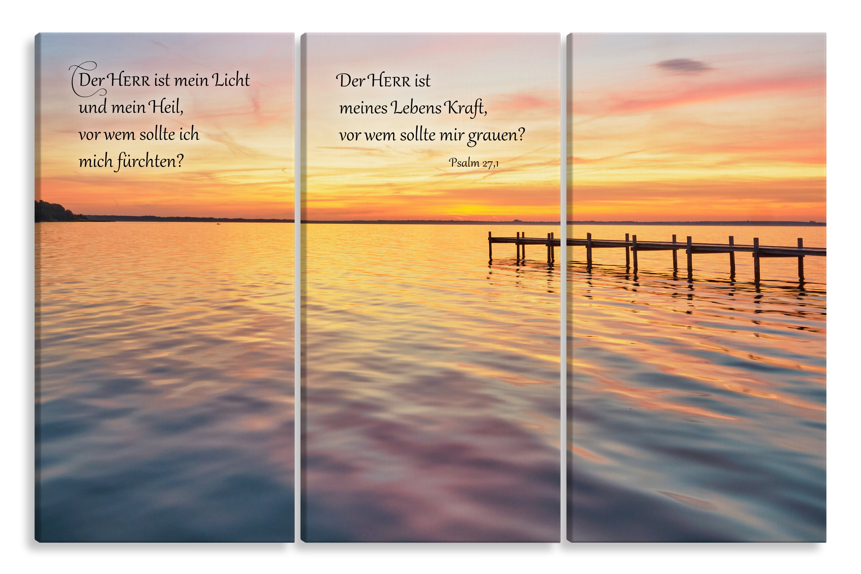 Bild auf Künstlerleinwand „Der Herr ist mein Licht“ (Steg am Meer – 3-teilig)